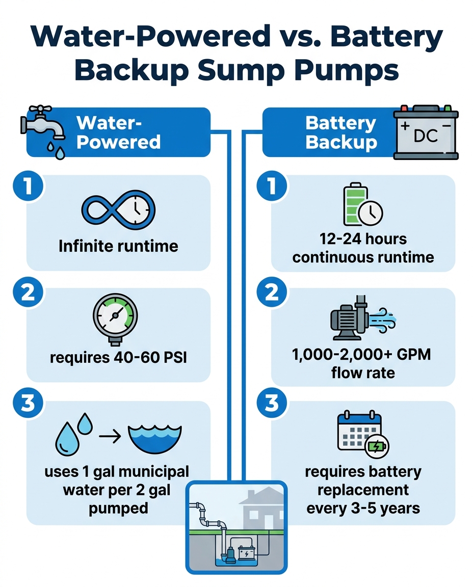 Water-Powered vs. Battery Backup Sump Pumps
