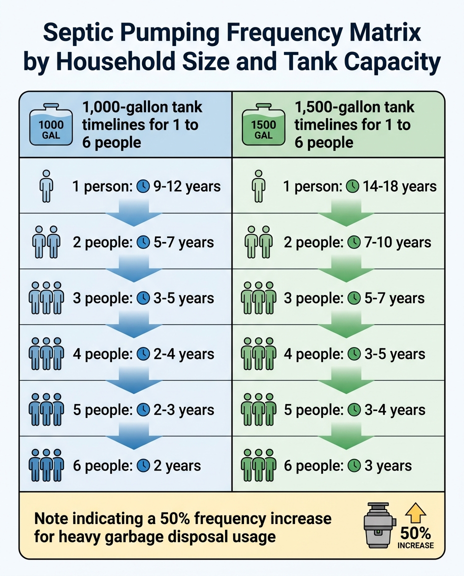 Septic Pumping Frequency Matrix by Household Size and Tank Capacity