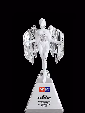 2026 Silver Winner trophy from NY Product Awards with a stylized human figure with wings.