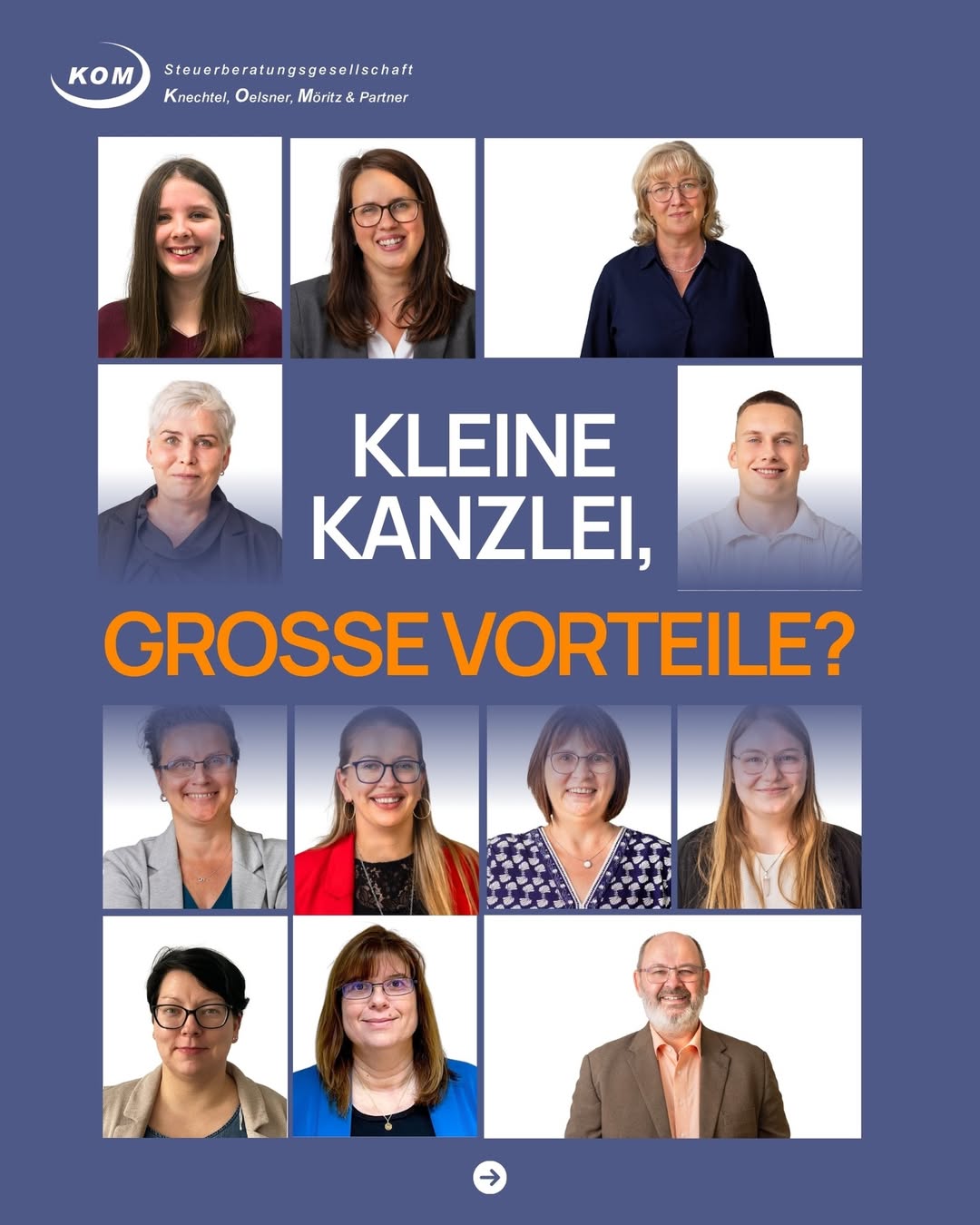 Collage von Kanzleimitarbeitenden mit Text: ‚Kleine Kanzlei, große Vorteile?