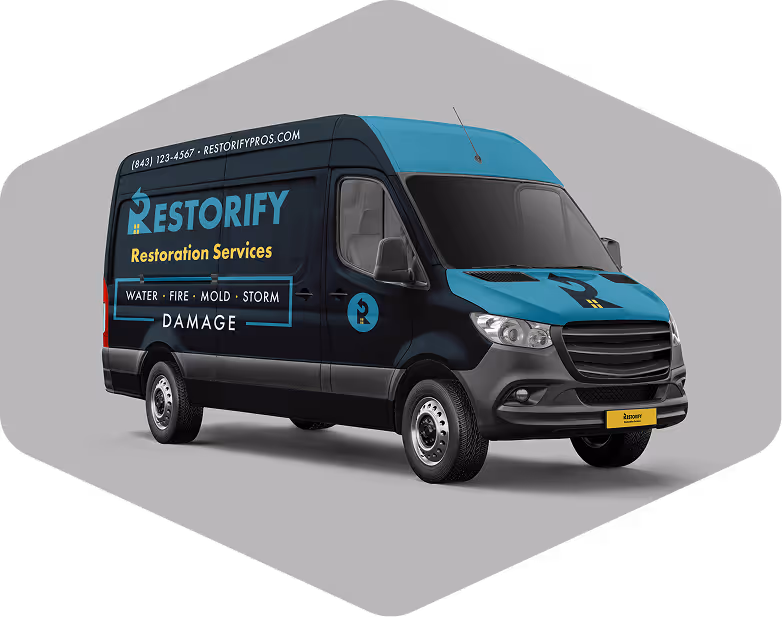 A large contractor van wrapped in Restorify Restoration Services branding.
