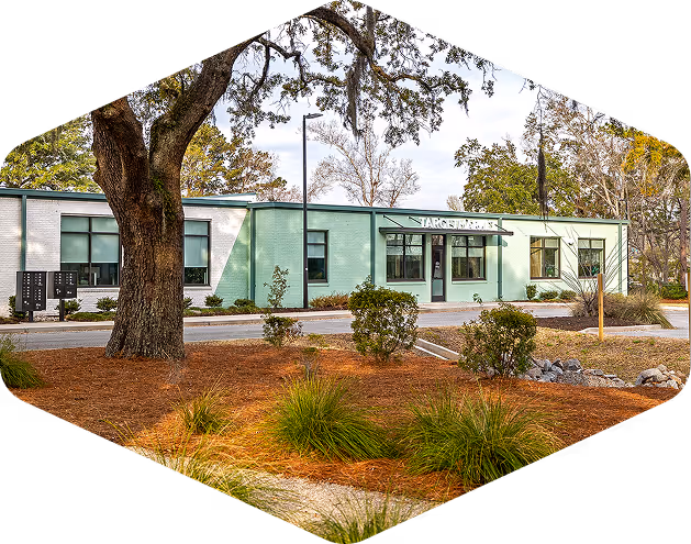 Angled view of the Target Market studio exterior framed by trees and bushes.