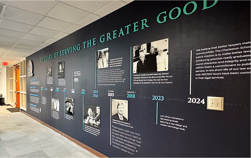 Wall at the Charleston School of Law featuring a timeline mural displaying images and text describing 20 years of school history