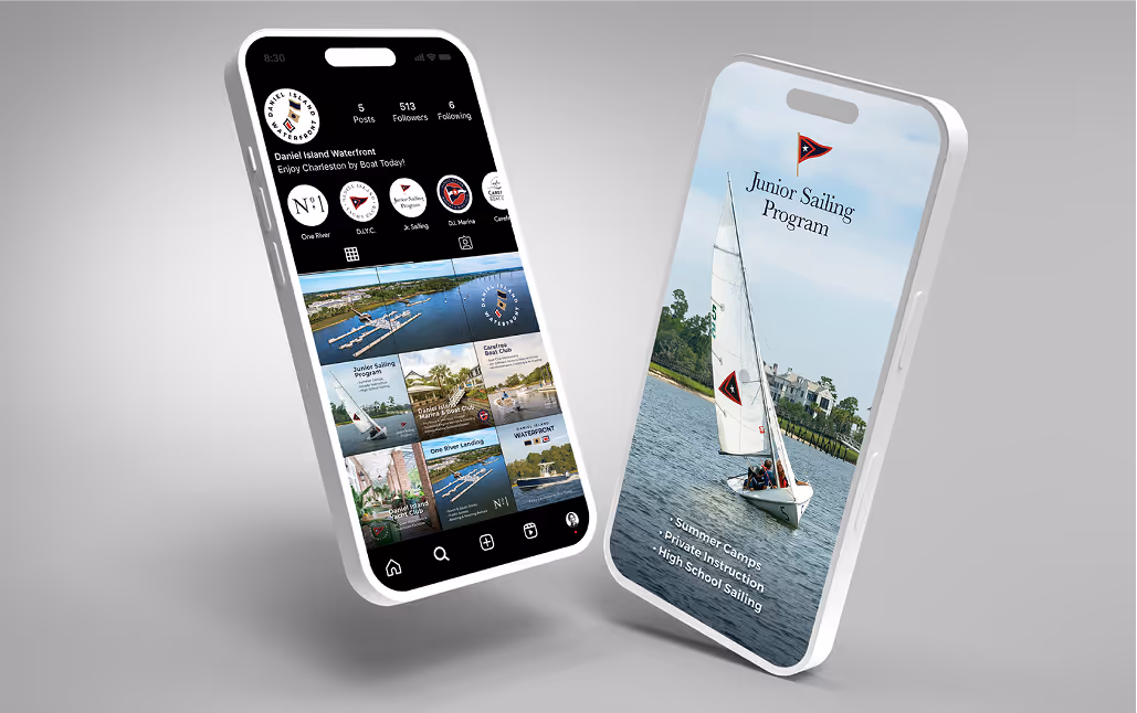 Instagram content promoting Daniel Island Waterfront and Junior Sailing Program with scenic coastal images.