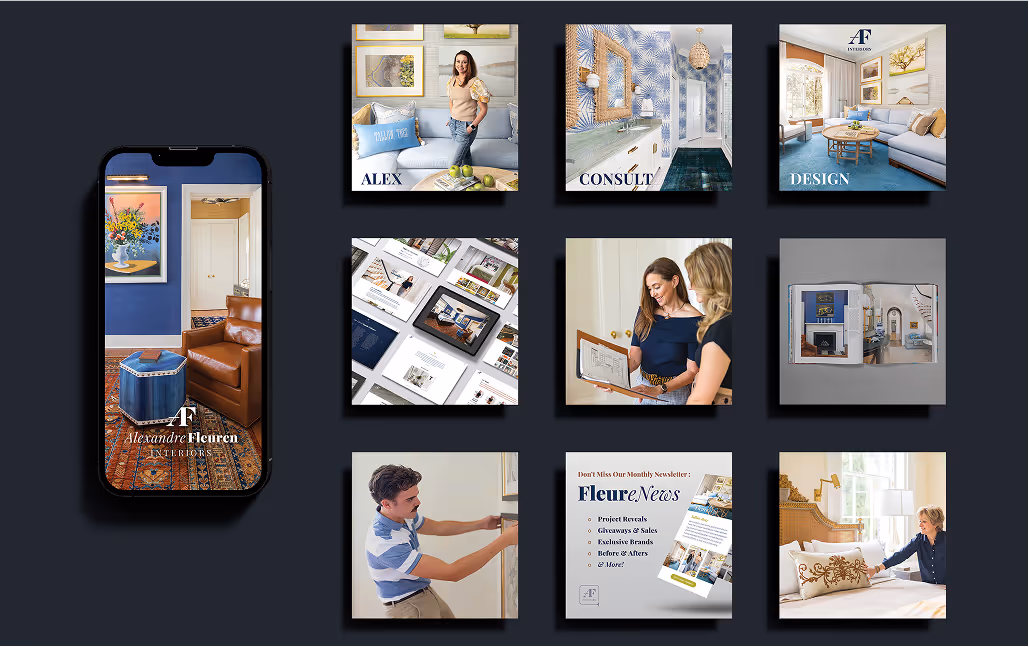 Grid of interior design marketing graphics for Alexandre Fleuren Interiors shown on mobile and carousel layout.