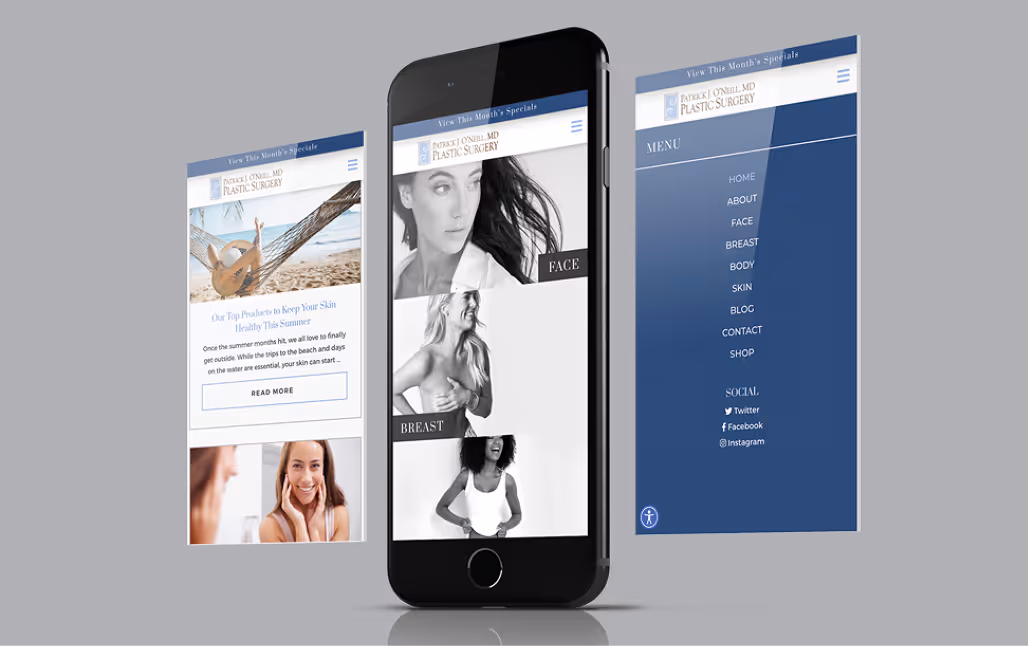 Angled collage showing various screens from the mobile version of the Patrick J. O'Neill Plastic Surgery website designed by Target Market