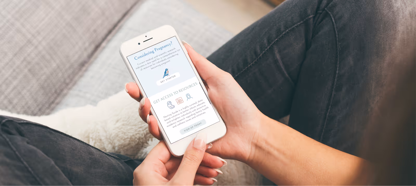 Mobile phone interface showing a pregnancy planning resource app with options to get started and access curated health content.