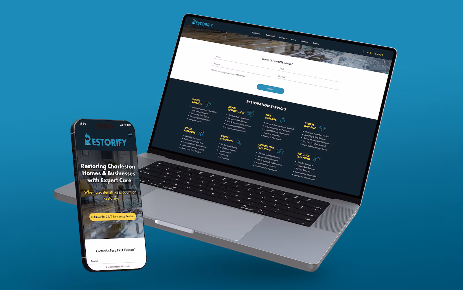 Smartphone and laptop displaying various screens from the Restorify website.