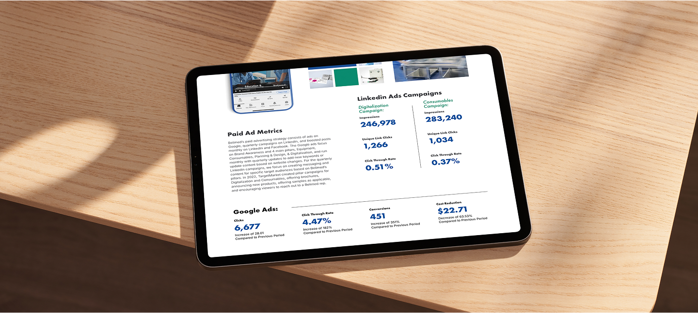 Tablet displaying performance metrics for Google and LinkedIn ad campaigns, highlighting impressions, click-through rates, and conversions.