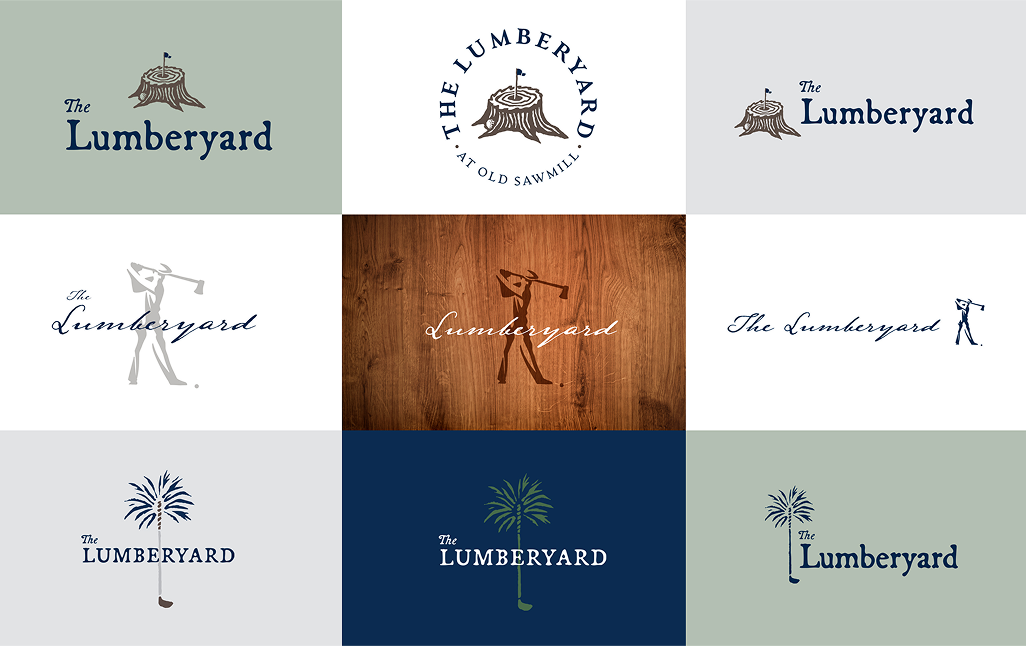 Grid of logo design concepts for The Lumberyard golf course, featuring tree stumps, golfers, and palm trees in various fonts and colors
