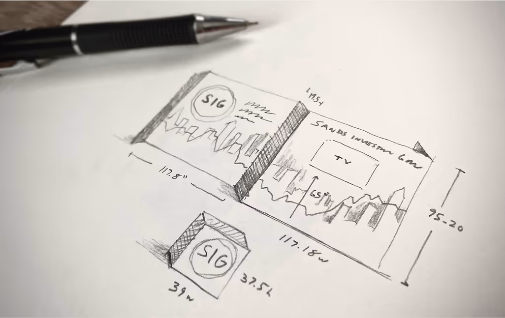 Hand-drawn sketch of a SIG trade show booth design with layout dimensions and branding details for commercial real estate investment group