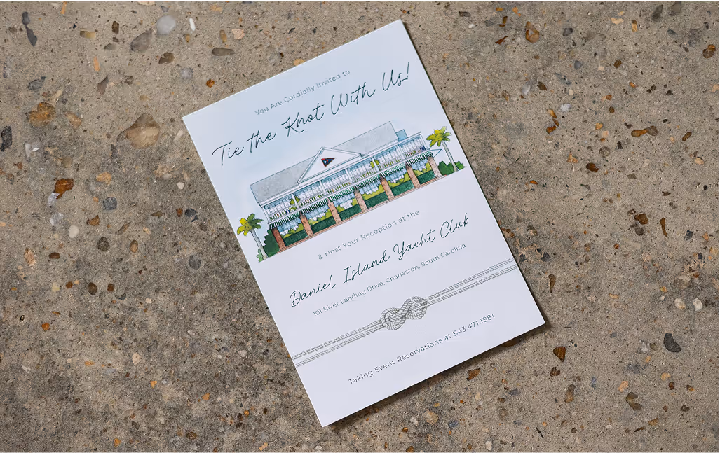 Illustrated wedding invitation for Daniel Island Yacht Club featuring the clubhouse, palm trees, and nautical rope accents on textured concrete