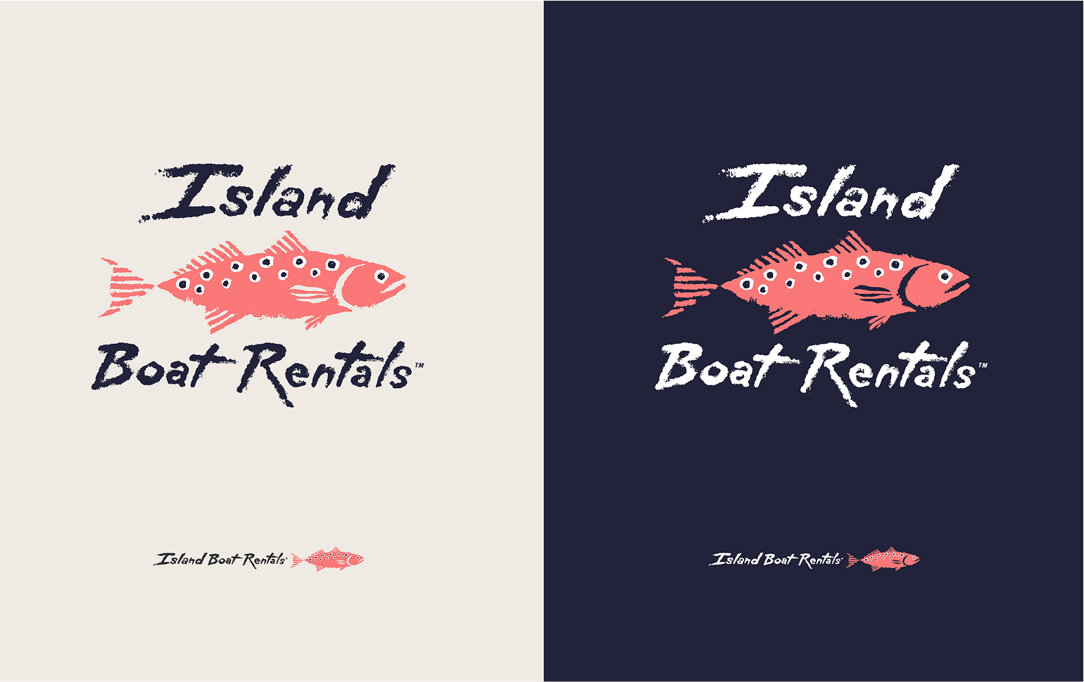 Logo variations for Island Boat Rentals showcasing red fish illustrations and nautical-themed typography in light and dark color palettes