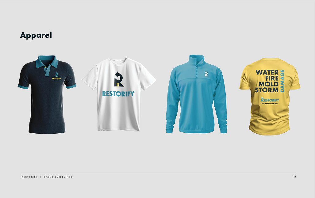 Restorify branded apparel showing company logo on polo shirt, t-shirt, quarter-zip, and restoration services tee