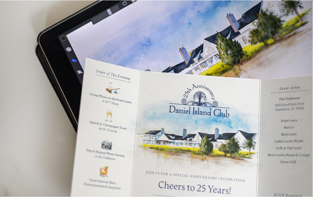 Daniel Island Club 25th Anniversary invitation with custom watercolor illustration and event itinerary on tablet and print