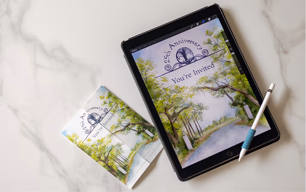 iPad and printed invitation displaying watercolor artwork for Daniel Island Club’s 25th Anniversary celebration