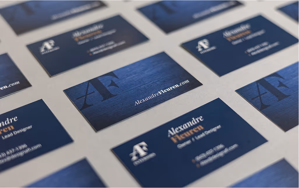 Two-sided Alex Fleuren Interiors business cards