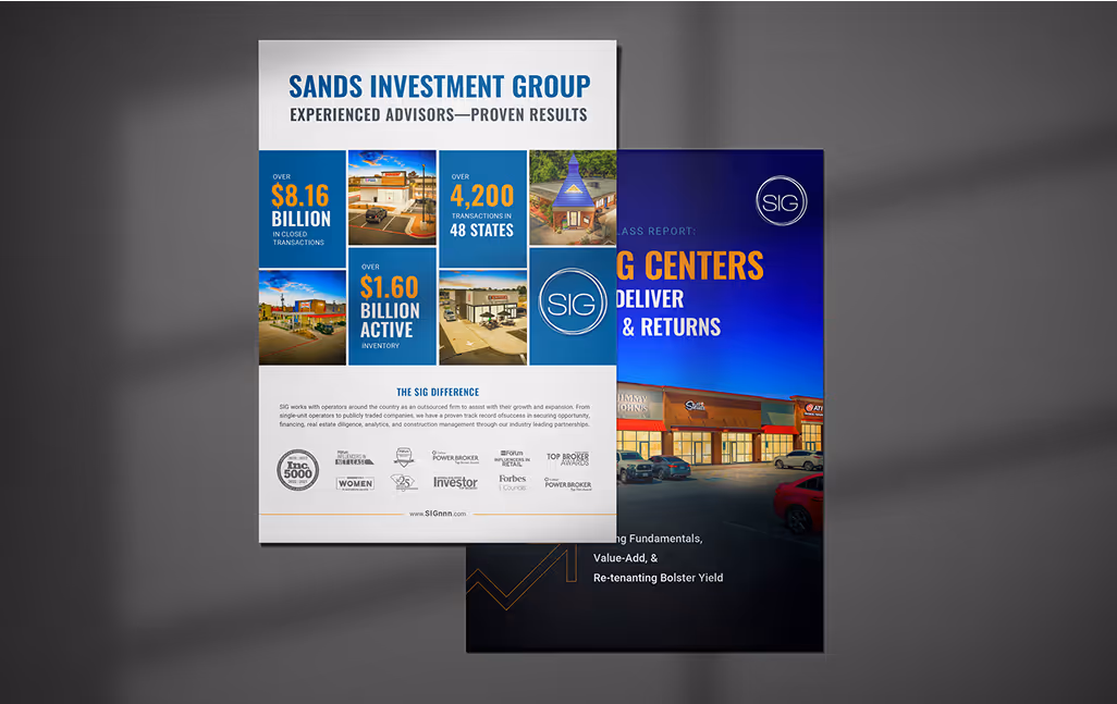SIG marketing flyer showcasing firm statistics and investment success, including $8.16B in transactions and 4,200 closings.