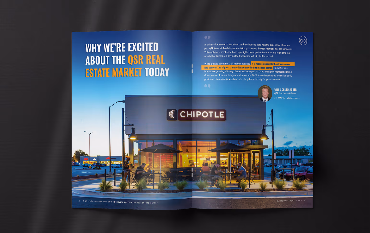 SIG brochure spread featuring a Chipotle storefront and QSR real estate insights with commentary from a net lease advisor.