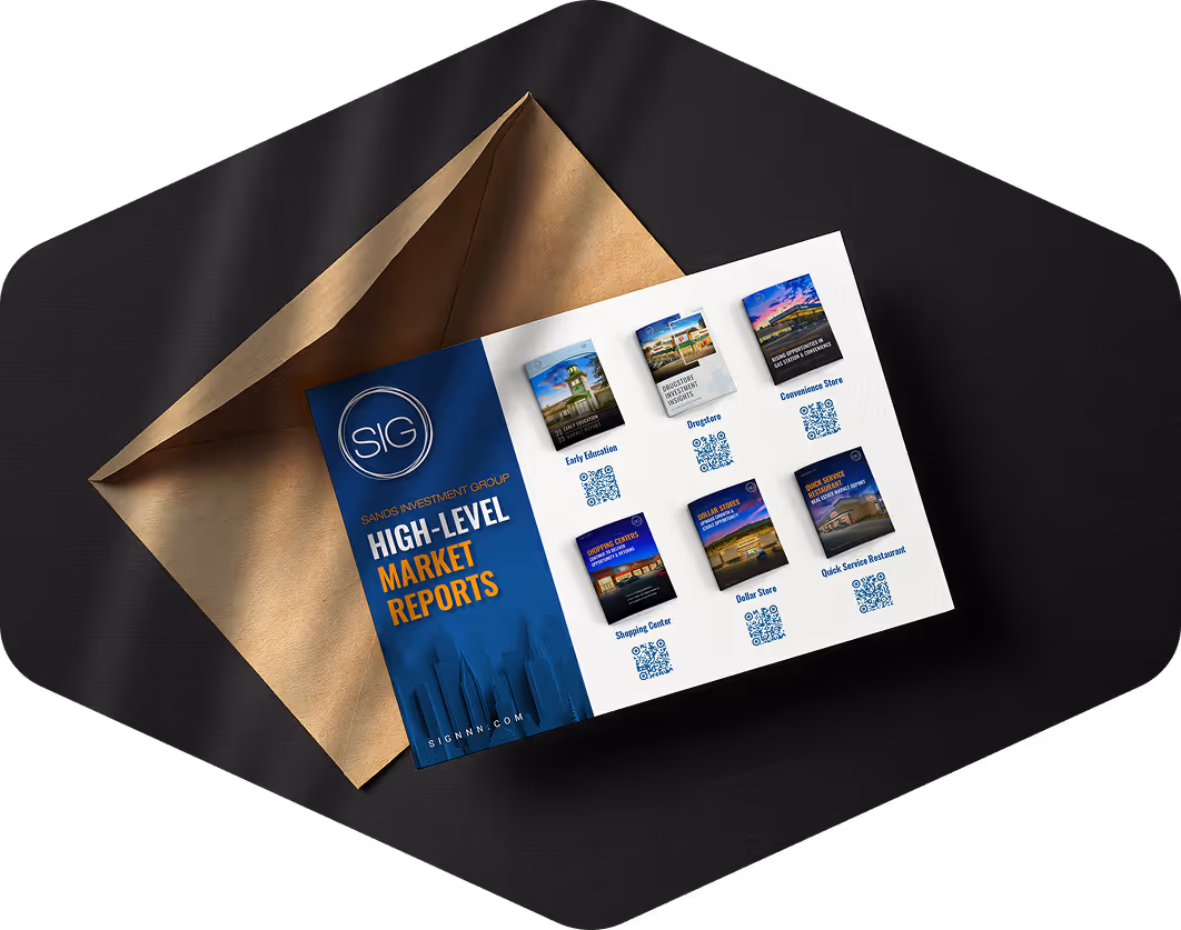 Direct mail piece with Sands Investment Group high-level market reports for asset classes including education, retail, and QSR.