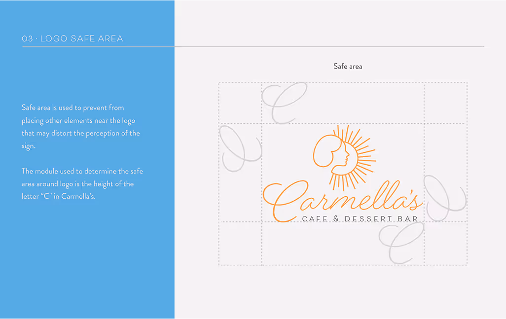 Diagram illustrating logo safe area for Carmella’s brand, using the height of the letter “C” to define clear spacing.