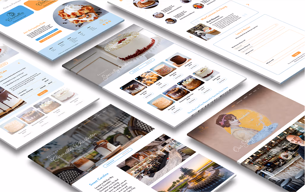 Website UI mockups for Carmella’s Cafe, displaying dessert menu pages, location info, and mobile-friendly layout.