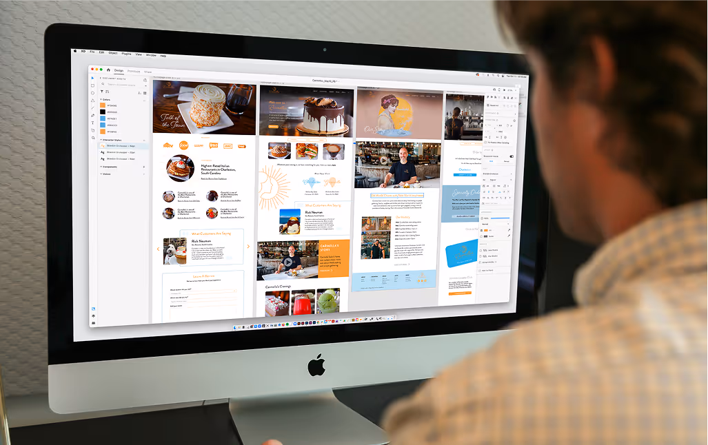 Designer editing Carmella’s Cafe & Dessert Bar website homepage on desktop, highlighting brand visuals and layout.