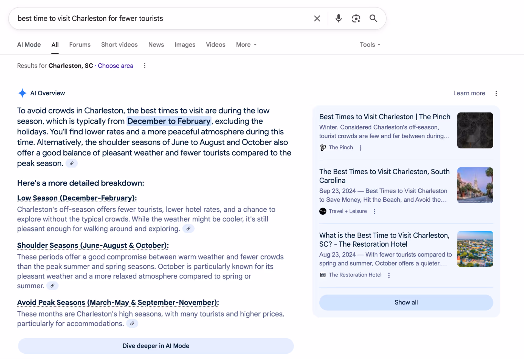 Screenshot of an A.I. assisted Google search for tourism in Charleston, SC