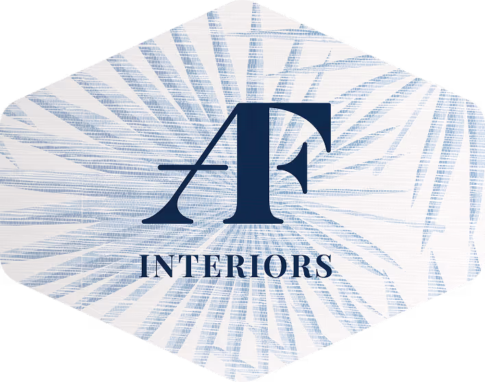 AF Interiors logo with blue palm-inspired pattern background for Alexandre Fleuren branding