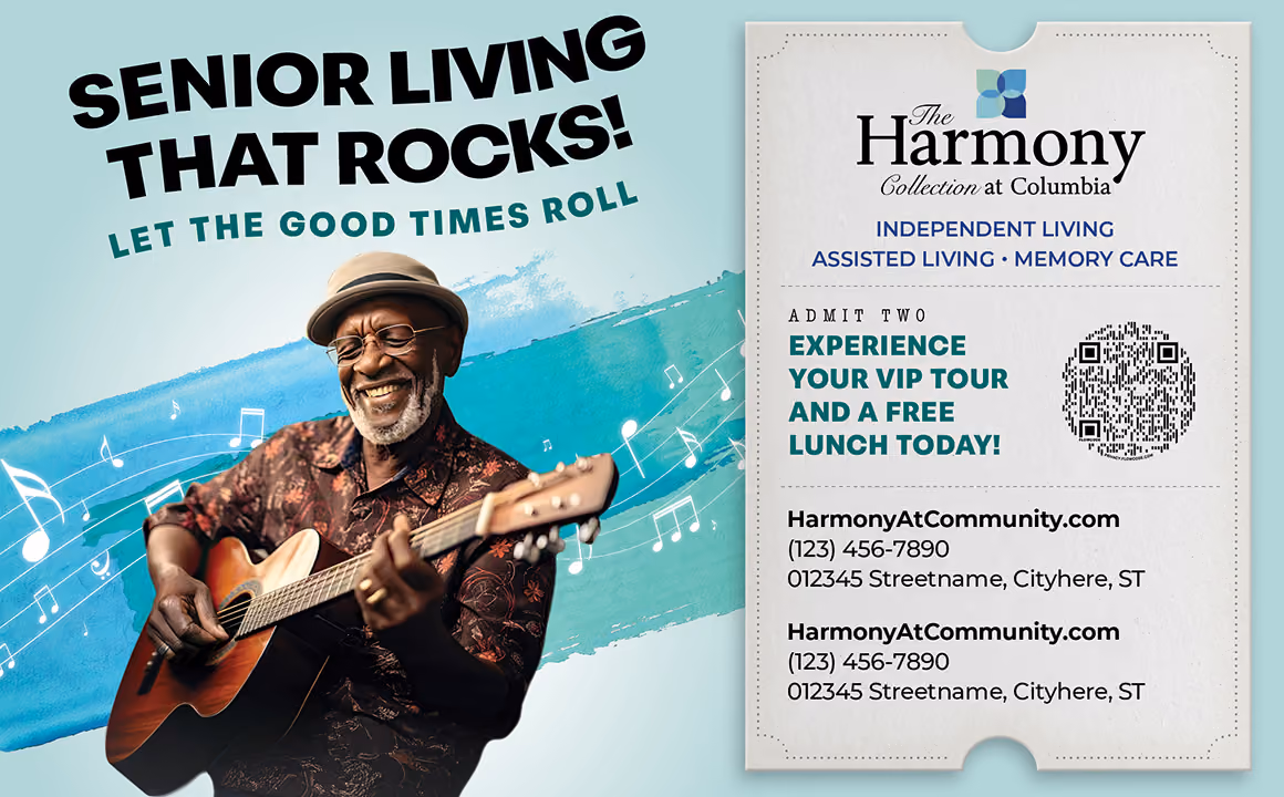 Artwork featuring a gentleman playing a guitar promoting an event at Harmony Senior Services.