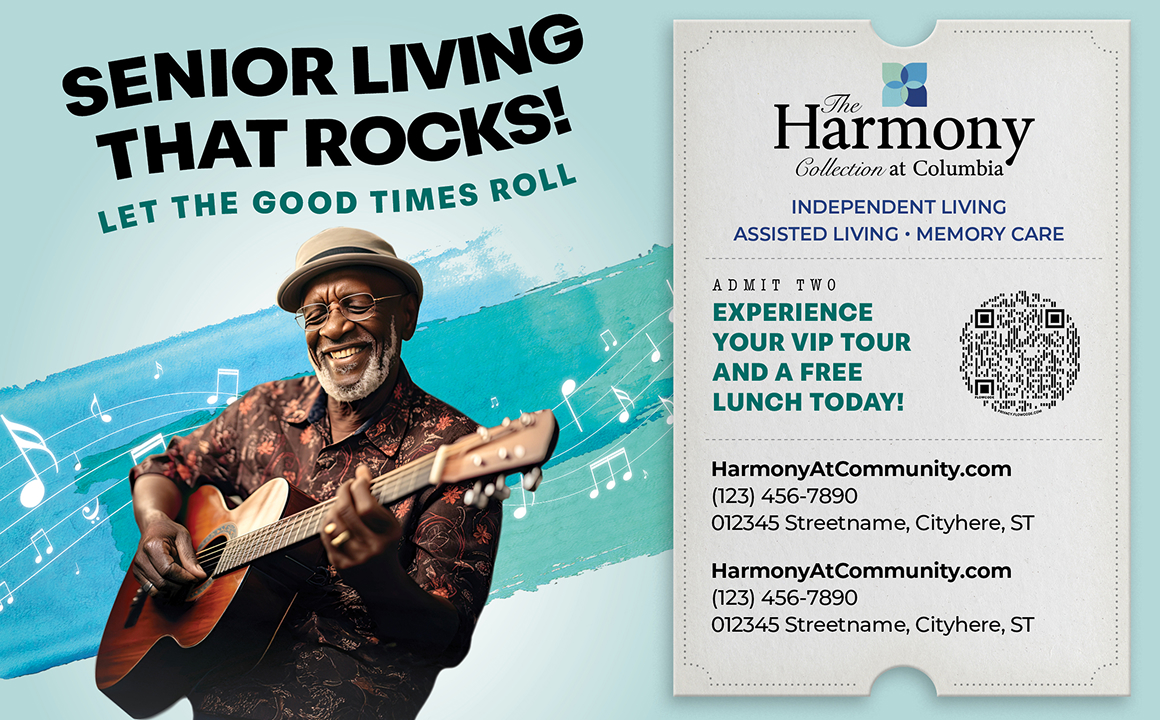 Artwork featuring a gentleman playing a guitar promoting an event at Harmony Senior Services.