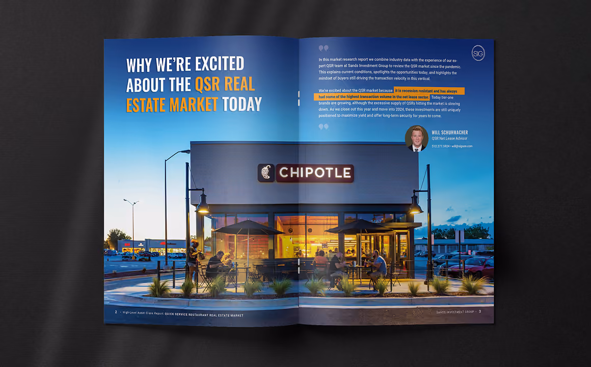 SIG brochure featuring a Chipotle storefront and QSR real estate insights.