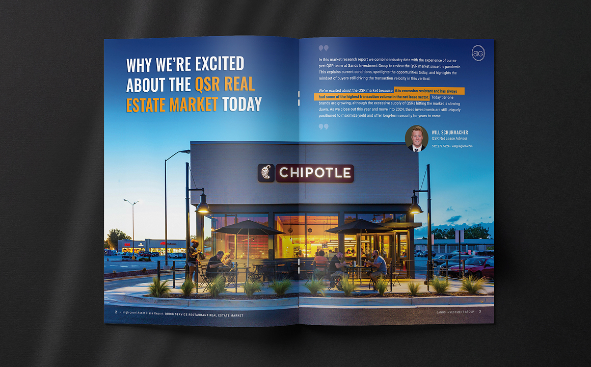 SIG brochure featuring a Chipotle storefront and QSR real estate insights.