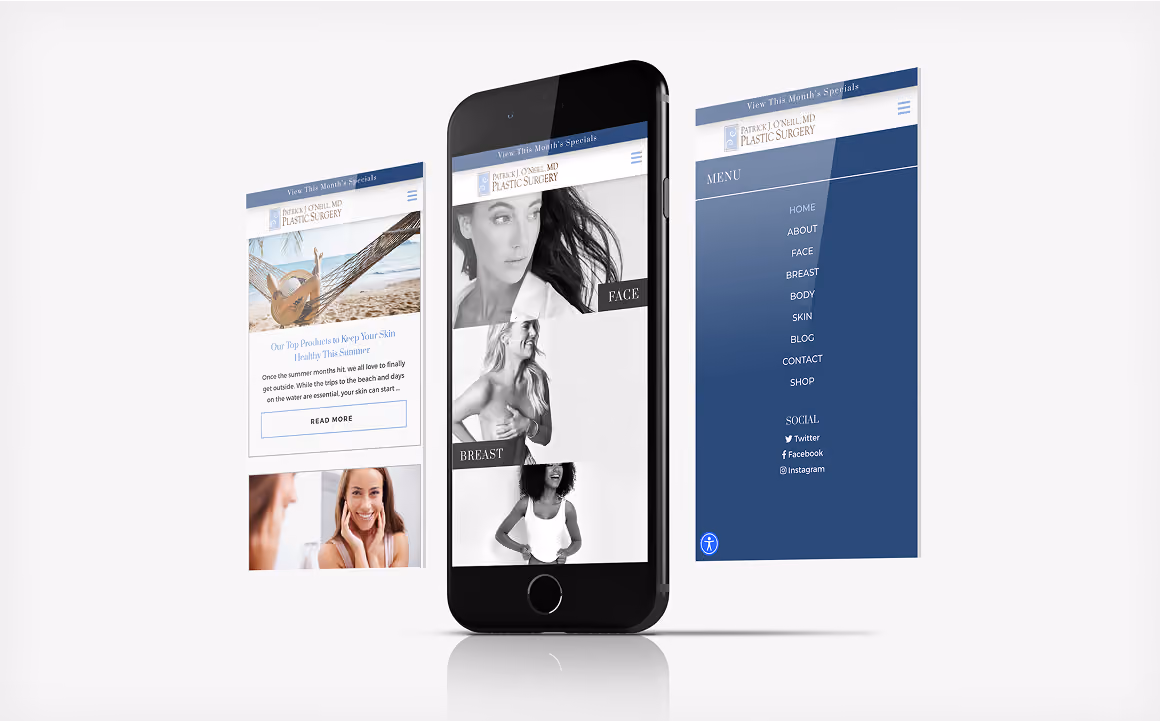 Mobile layout of O’Neill Plastic Surgery website with visible navigation menu, visuals of cosmetic procedures, and clean user interface optimized for smartphones.