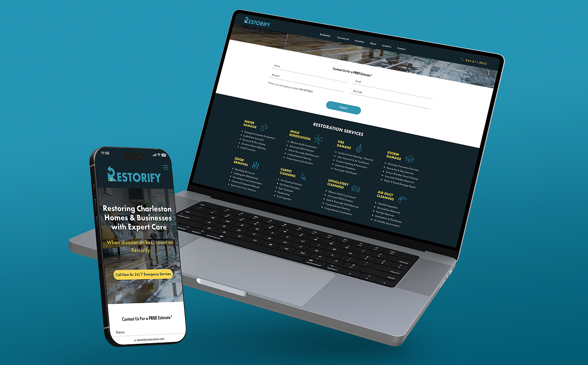 Mobile phone and laptop computer displaying the Restorify website.
