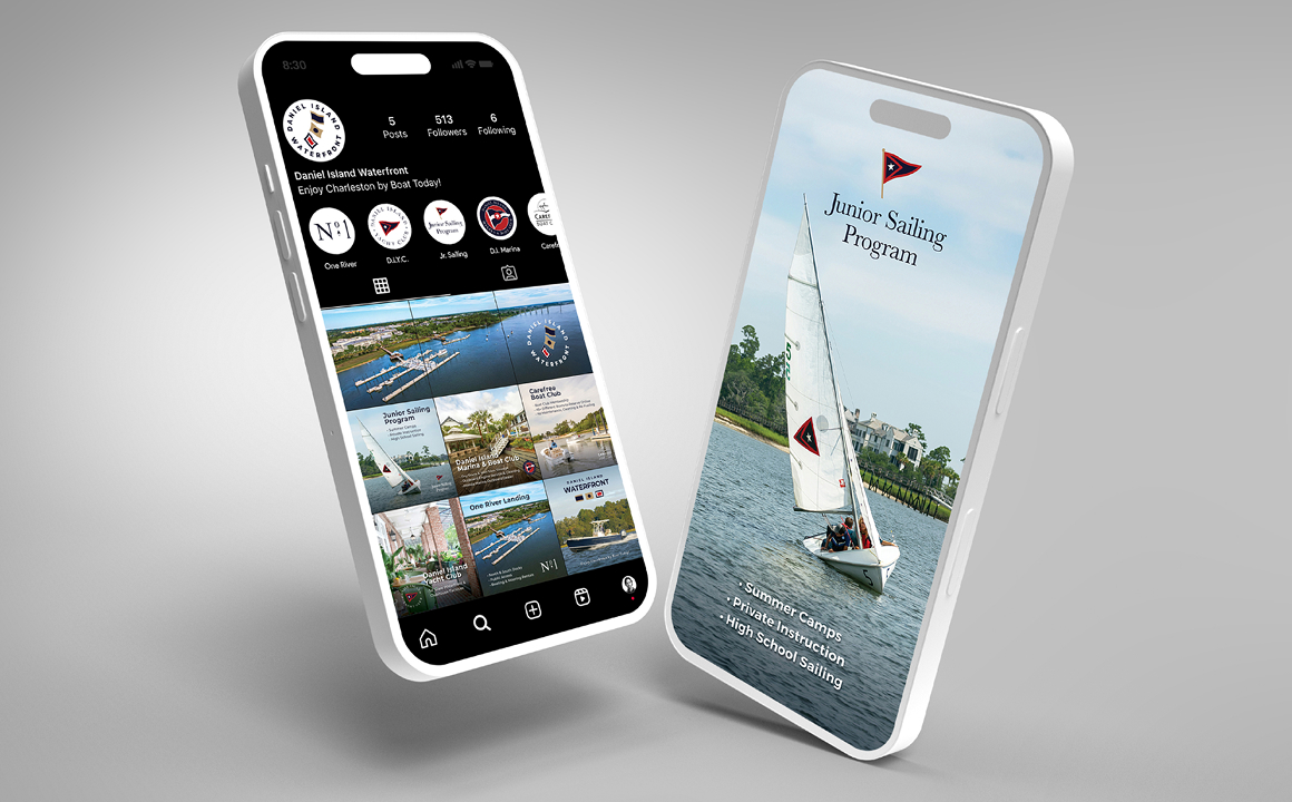 Mobile phones displaying the Daniel Island Yacht Club website.