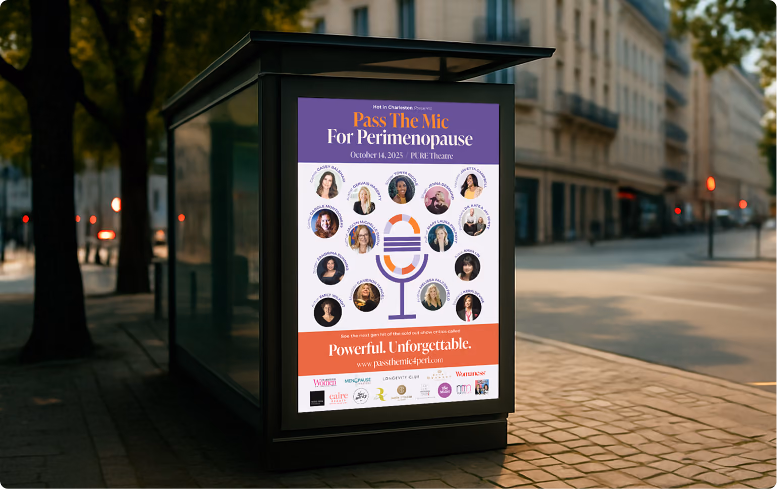 Mockup of a Hot in Charleston poster on a city street.