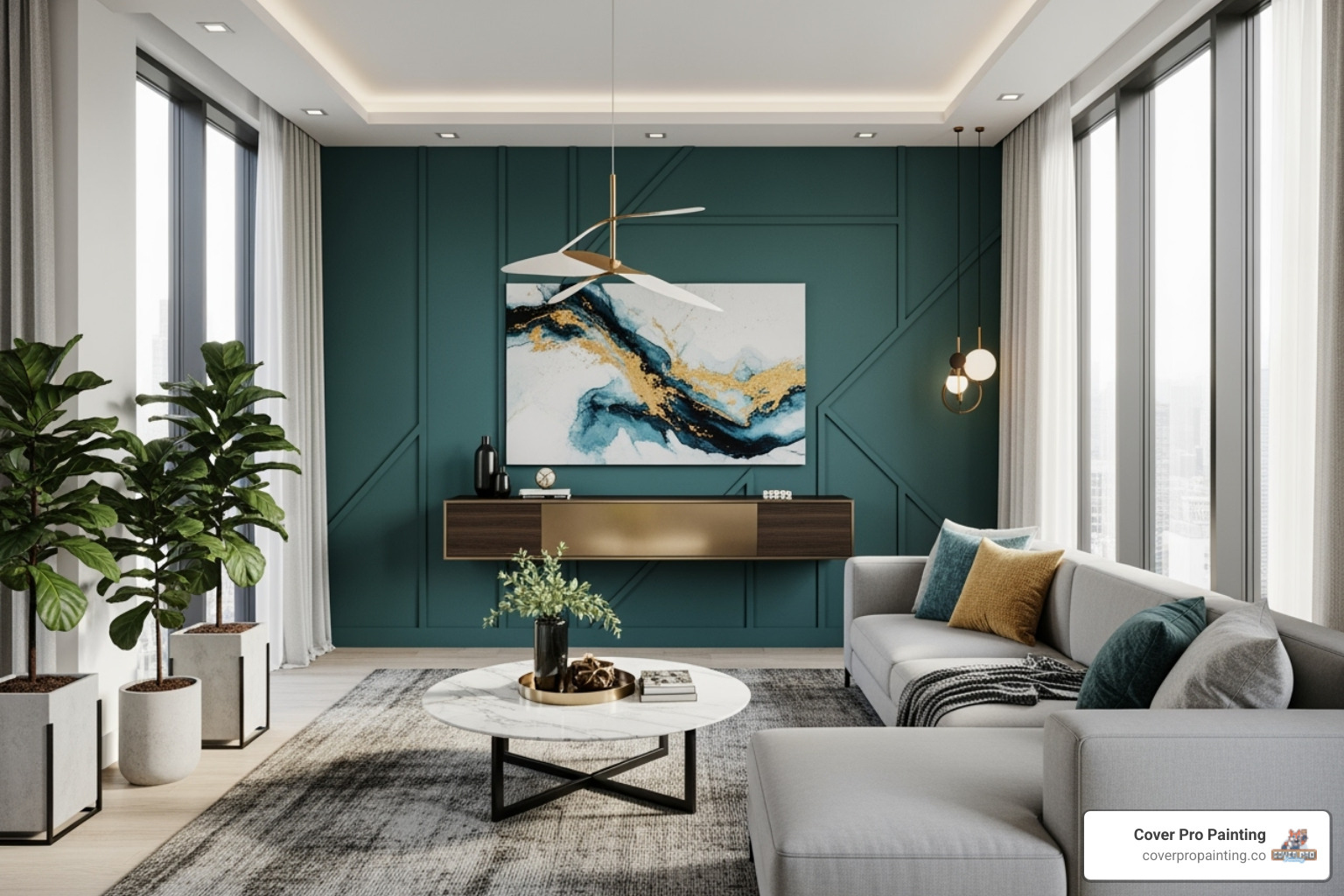 Modern living room with a stylish accent wall - auburn residential painting