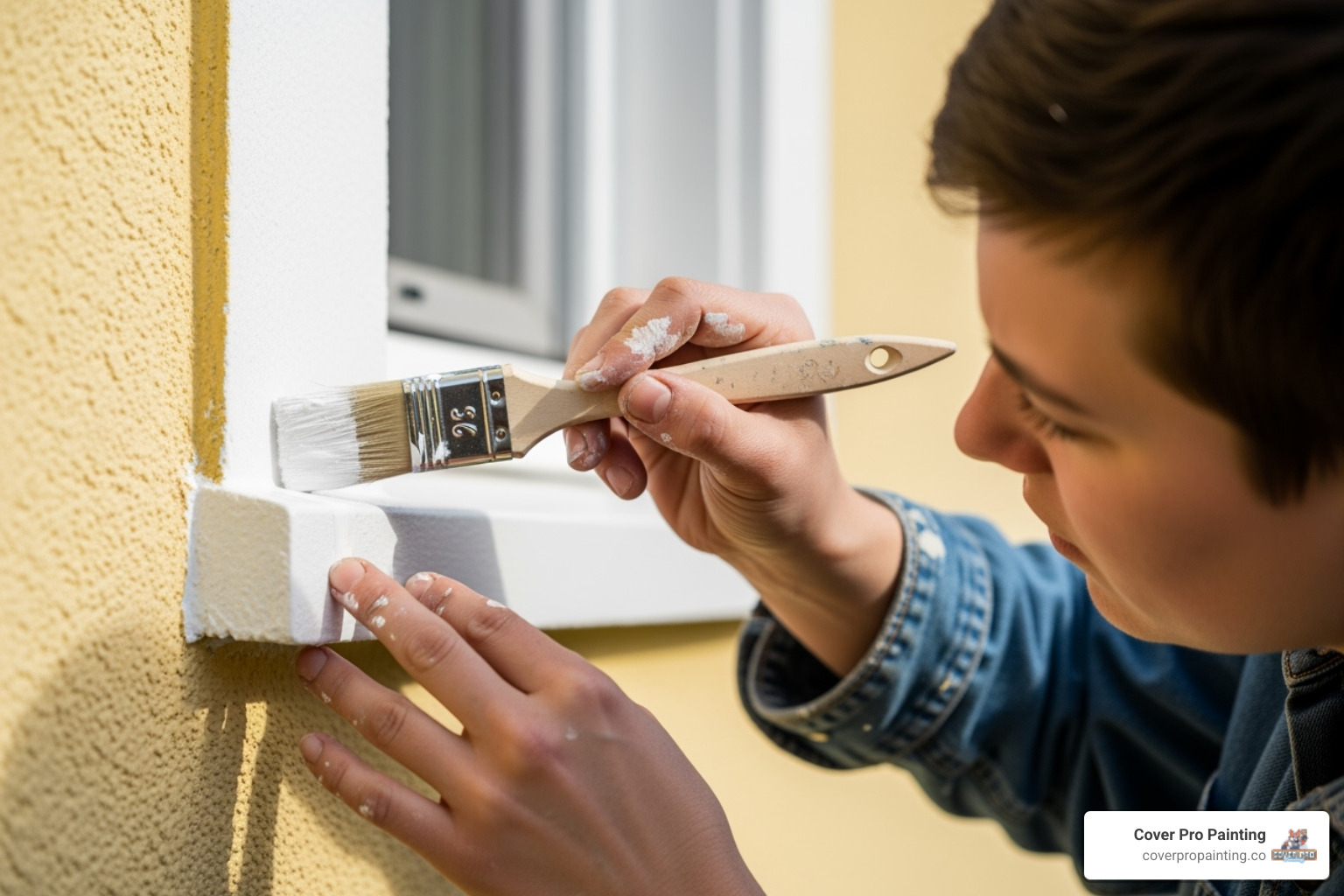 Painter carefully painting trim on a house - auburn residential painting
