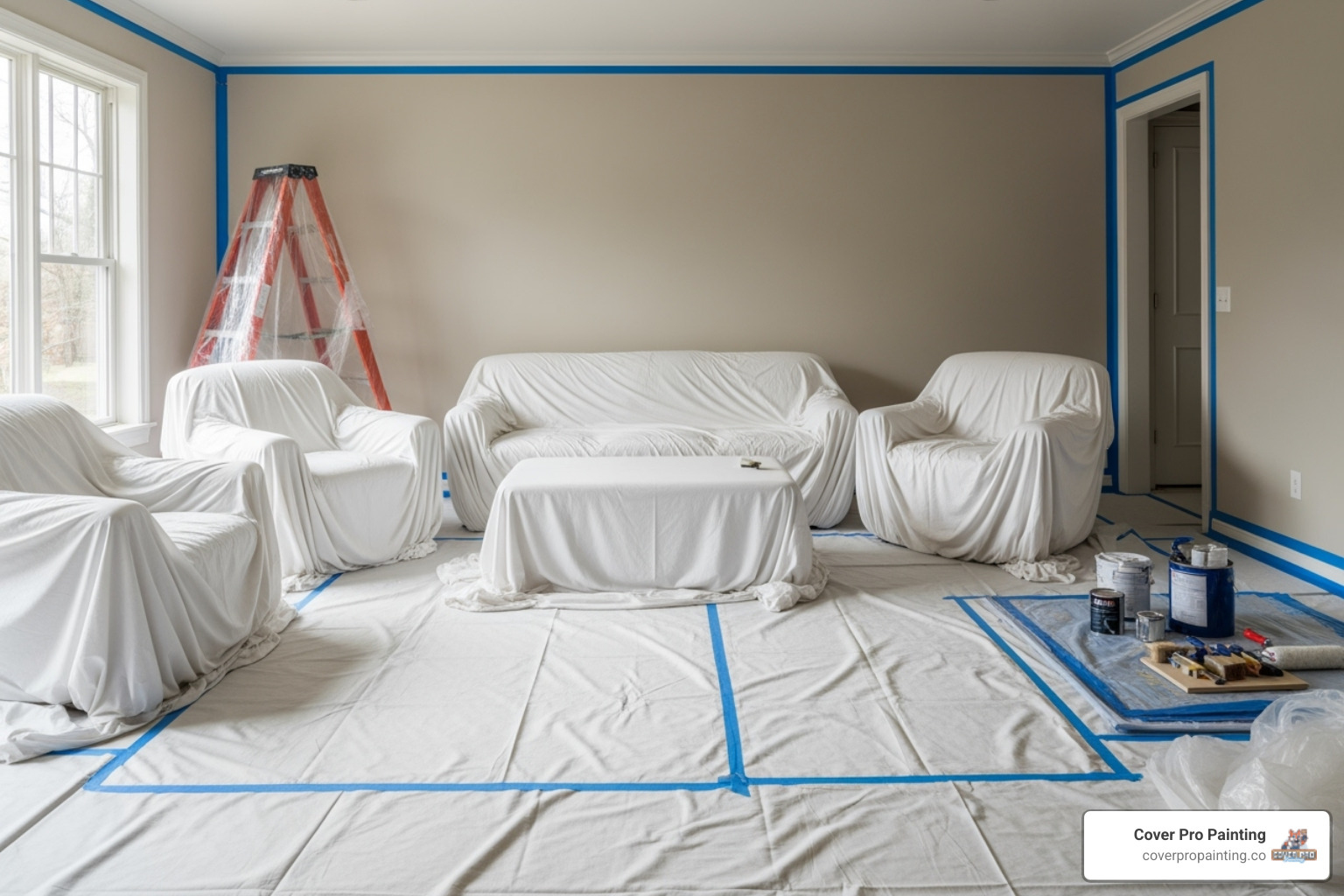 Room prepped for painting with drop cloths and tape - auburn residential painting