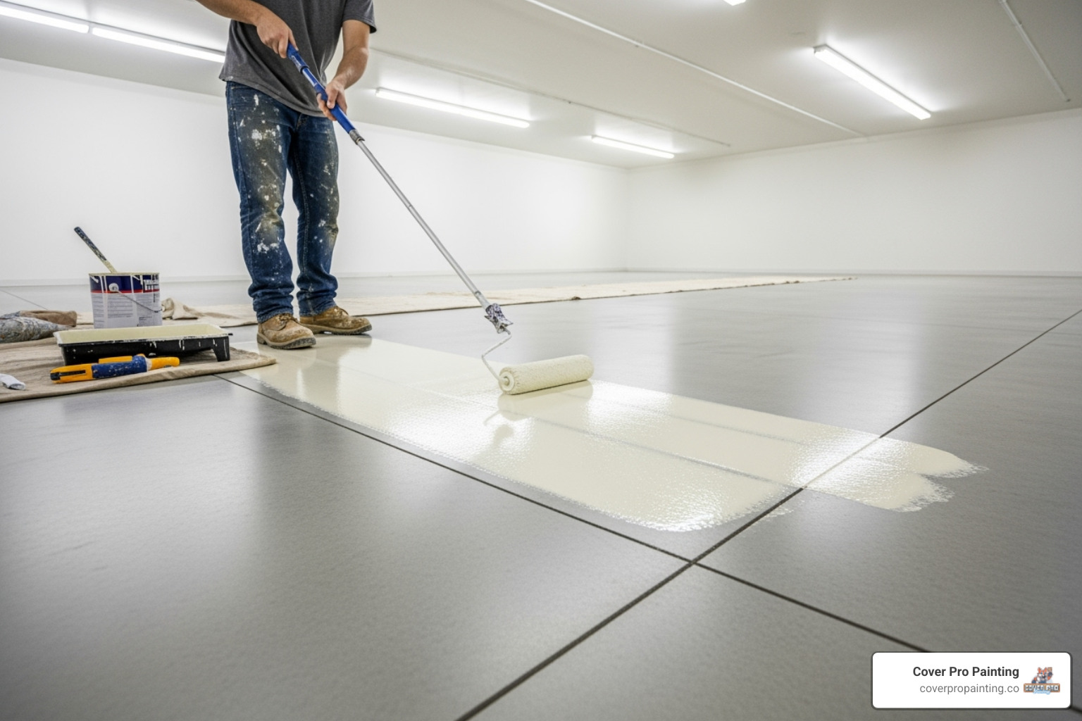 image of a person applying primer to a clean concrete floor - concrete floor painting