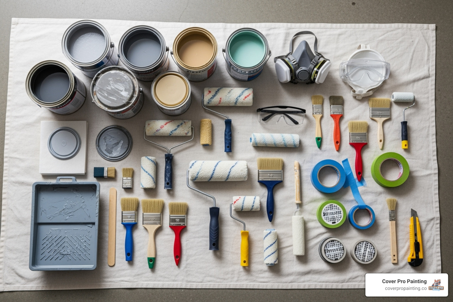image of all the necessary tools and materials laid out on a drop cloth - concrete floor painting