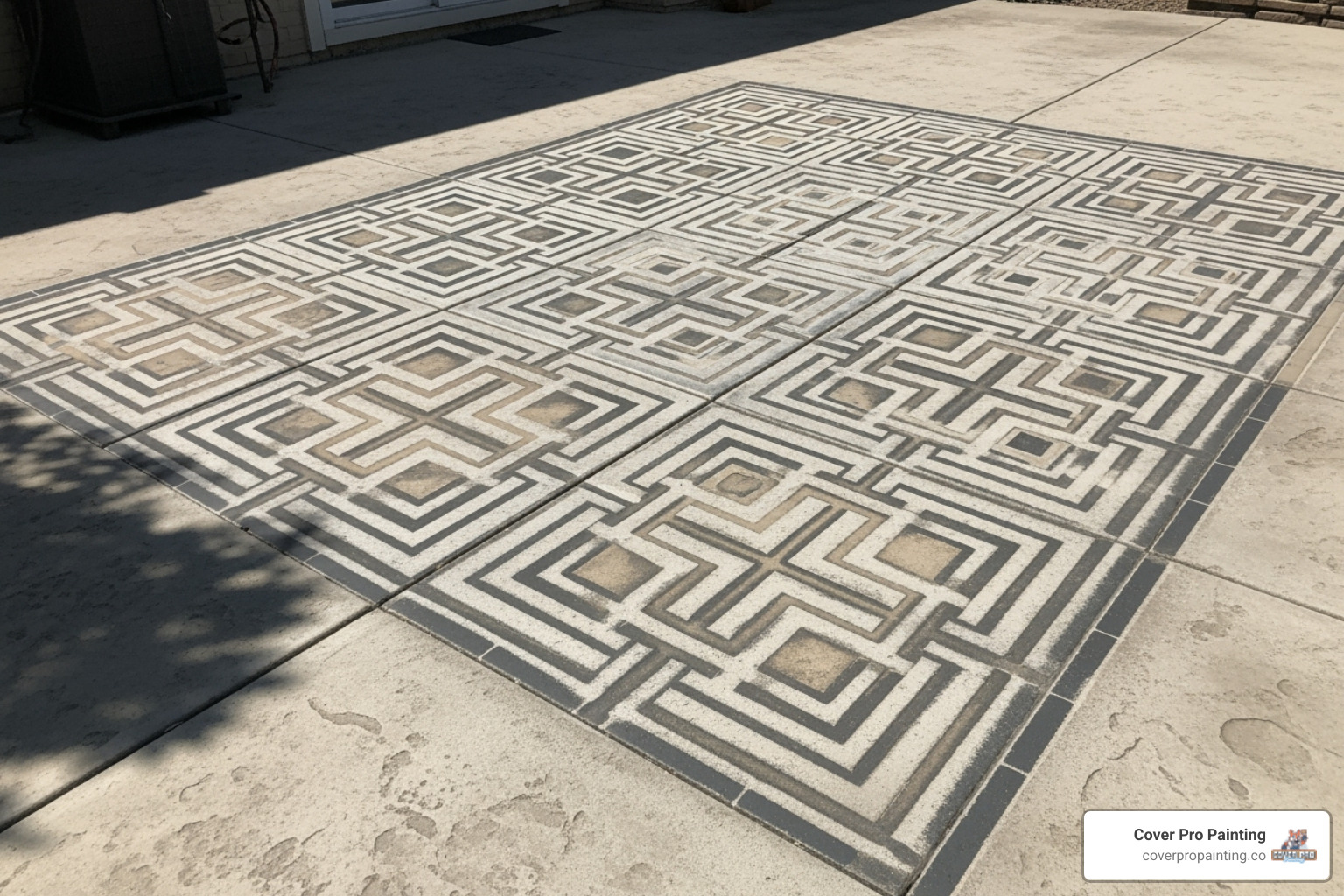 image of a concrete patio with a painted stencil design - concrete floor painting