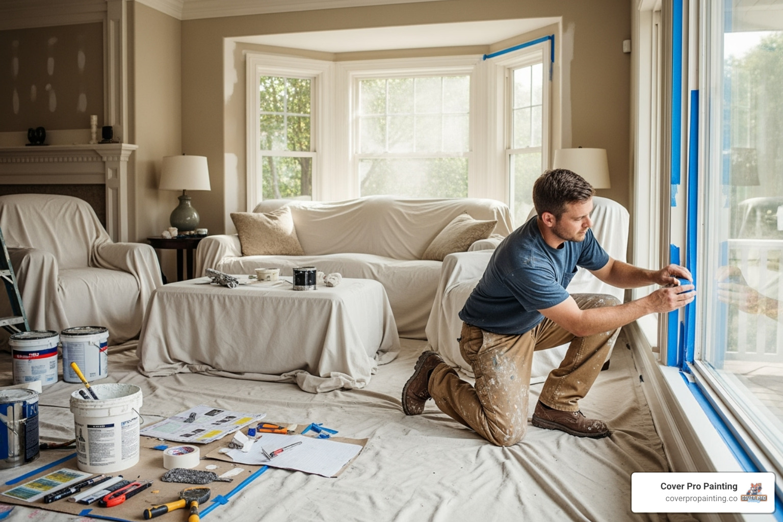 painter taping edges and covering furniture - house painters bellevue