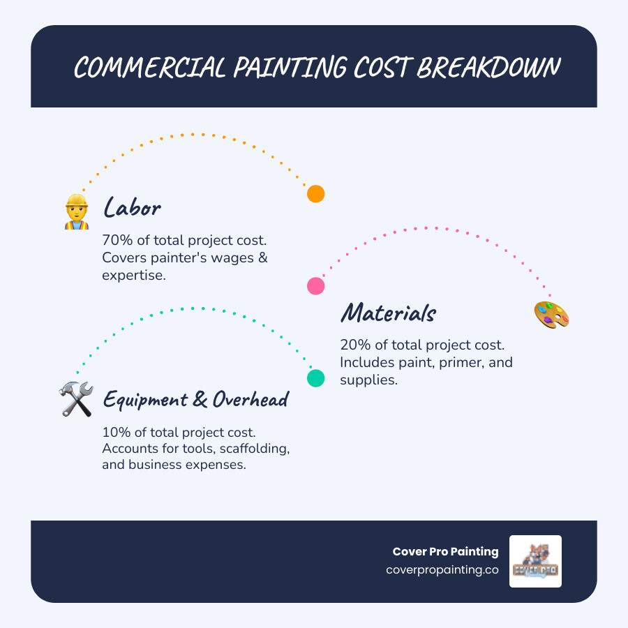 Commercial painting cost breakdown infographic showing 70% labor costs, 20% materials costs, and 10% equipment and overhead costs with visual representations of painters, paint cans, and scaffolding - Commercial painting rates infographic infographic-line-3-steps-blues-accent_colors