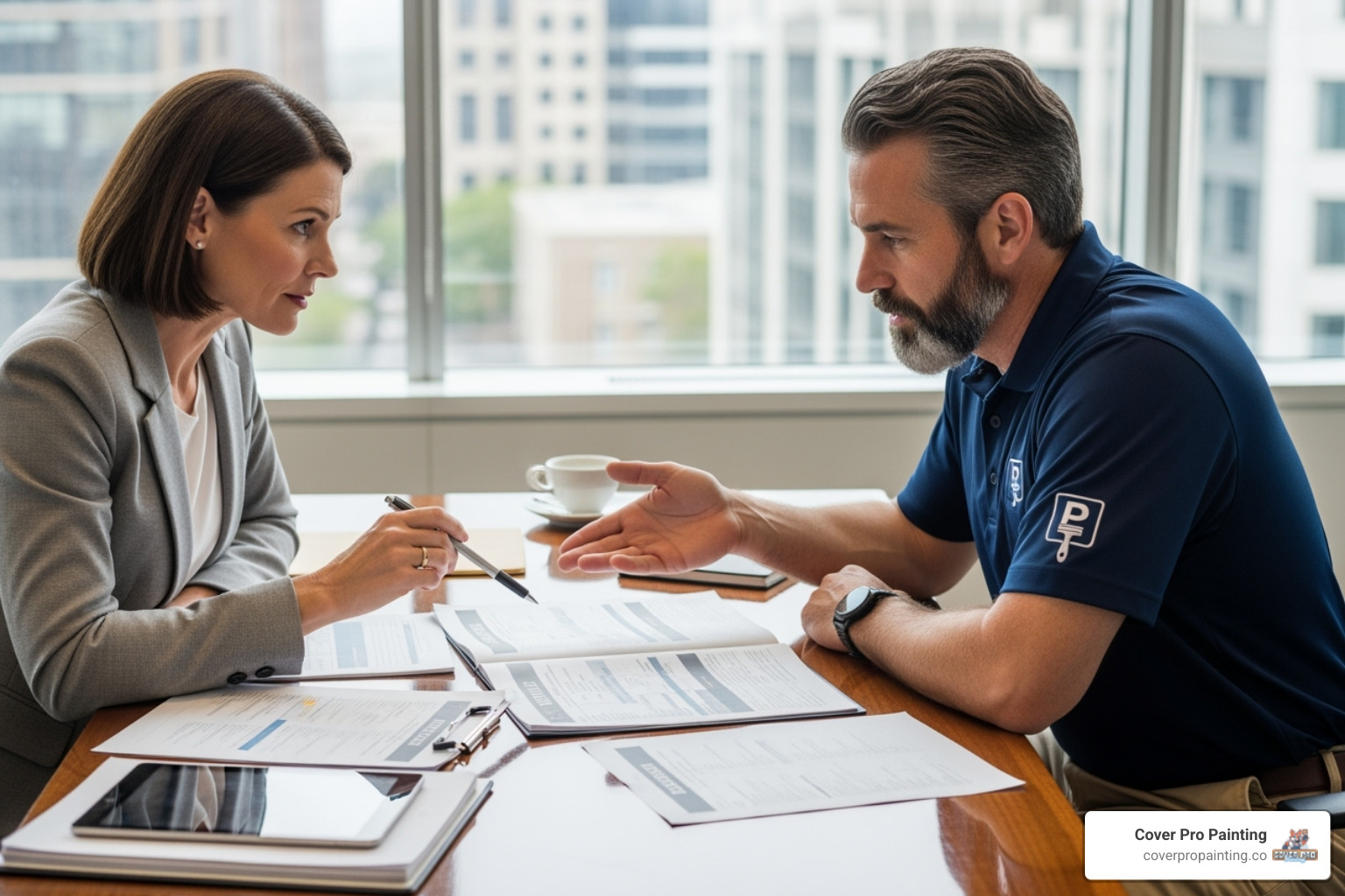 business owner reviewing a detailed painting estimate with a contractor - Commercial painting rates