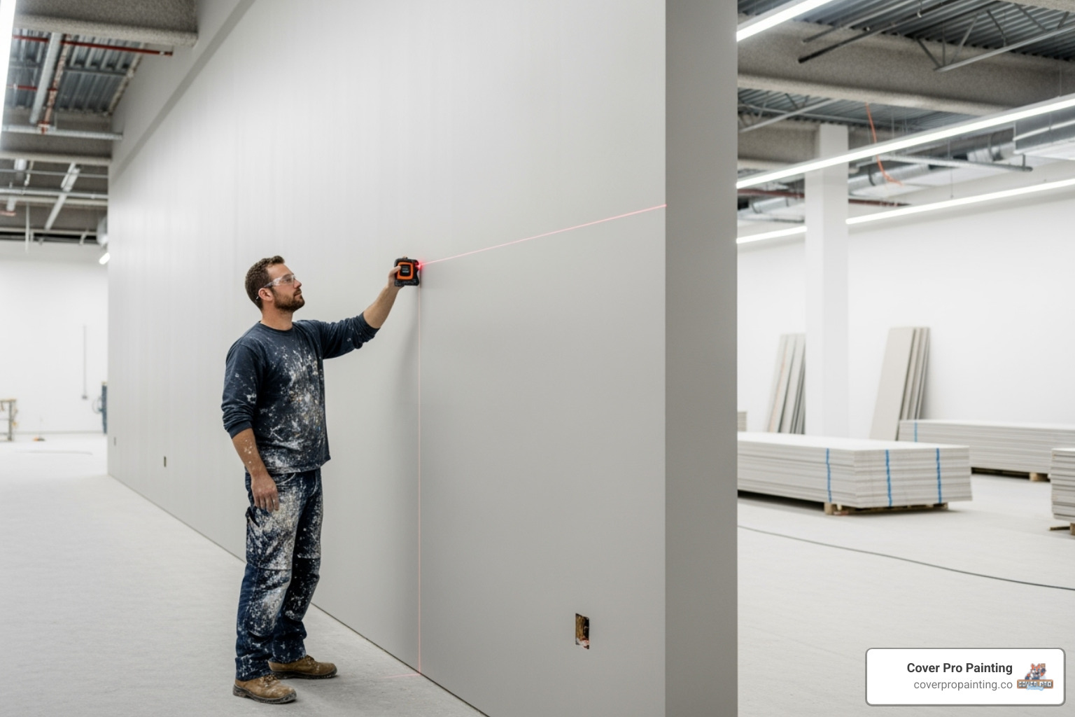 commercial painter using a laser measure on a large interior wall - Commercial painting rates