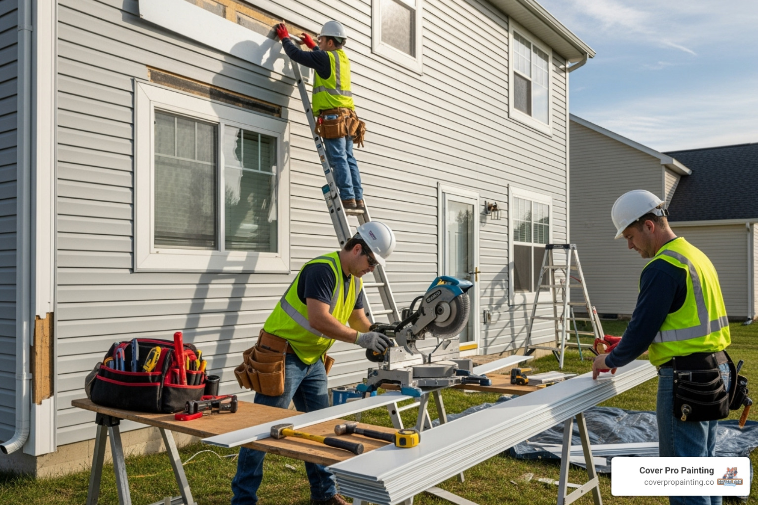 Professional siding repair team at work - siding repair des moines