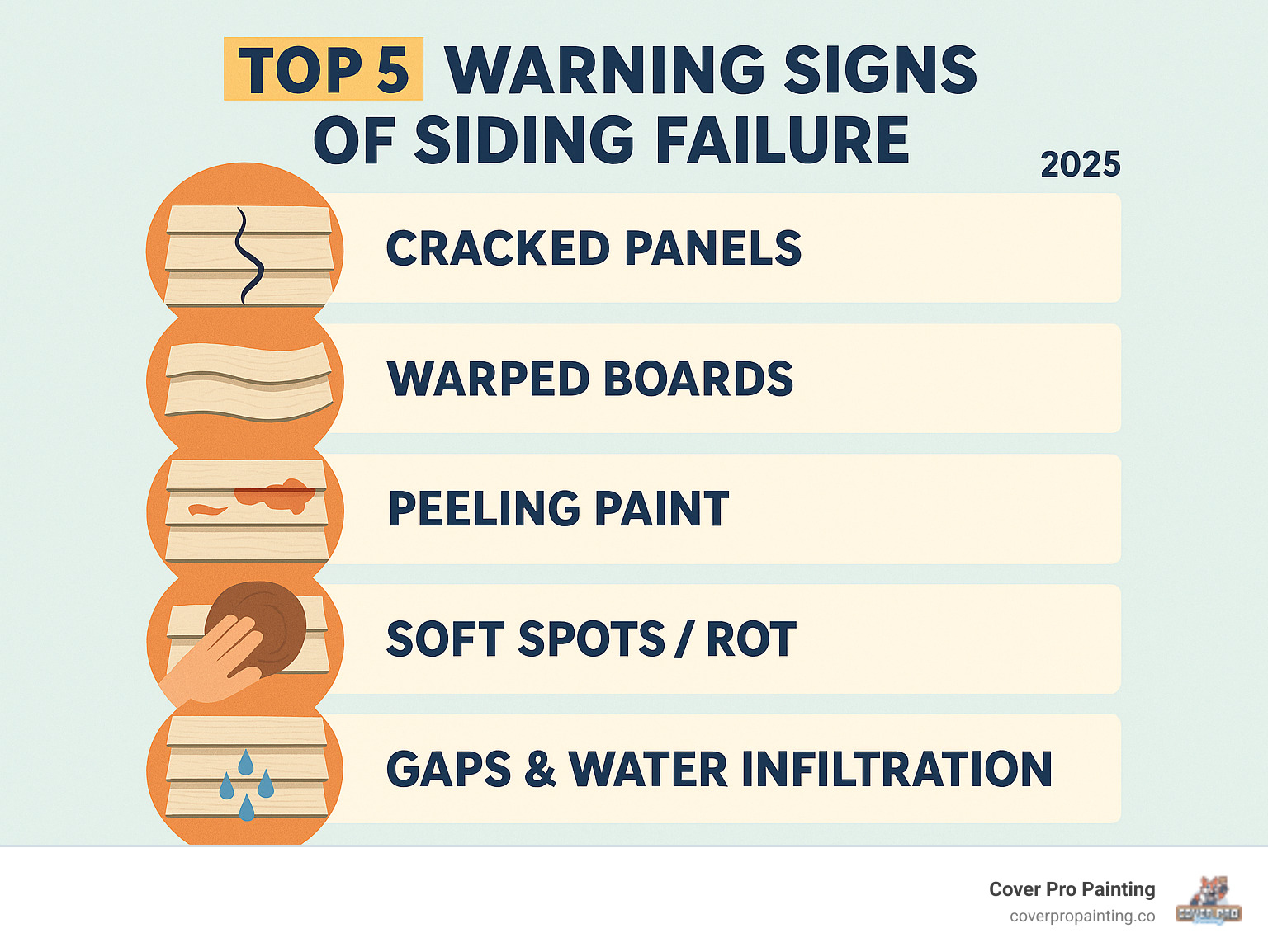 Infographic showing the top 5 warning signs of siding failure: cracked panels, warped boards, peeling paint, soft spots indicating rot, and gaps between siding pieces that allow water infiltration - siding repair des moines infographic 