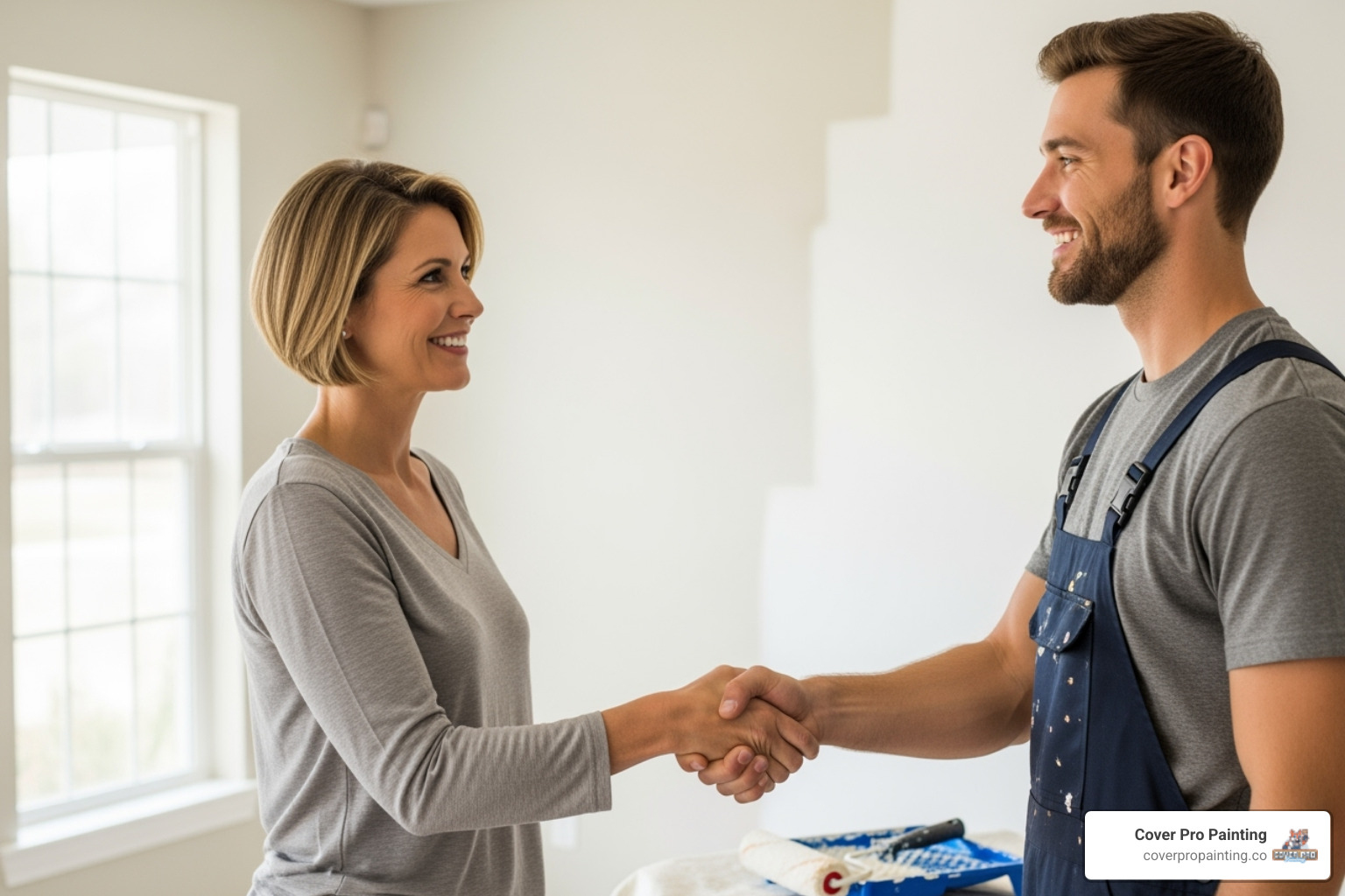 homeowner smiling and shaking hands with a professional painter - licensed painting contractor